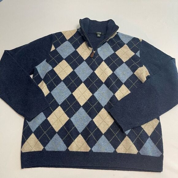 J. Crew Navy Blue Argyle Lambswool Sweater Size Large - Picture 1 of 7